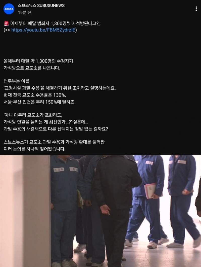 교도소 자리 없다고 매달 1,300명씩 가석방