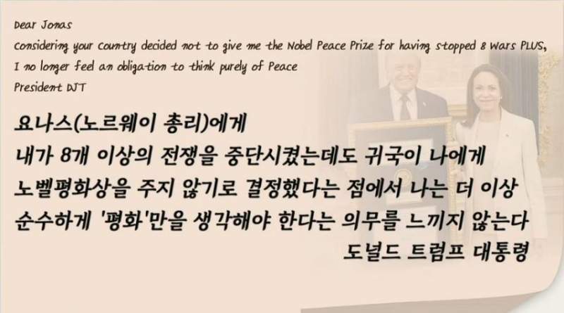 노벨상 안준다고 깡패가 되겠다고 선언한 트럼프 ㄷㄷㄷ