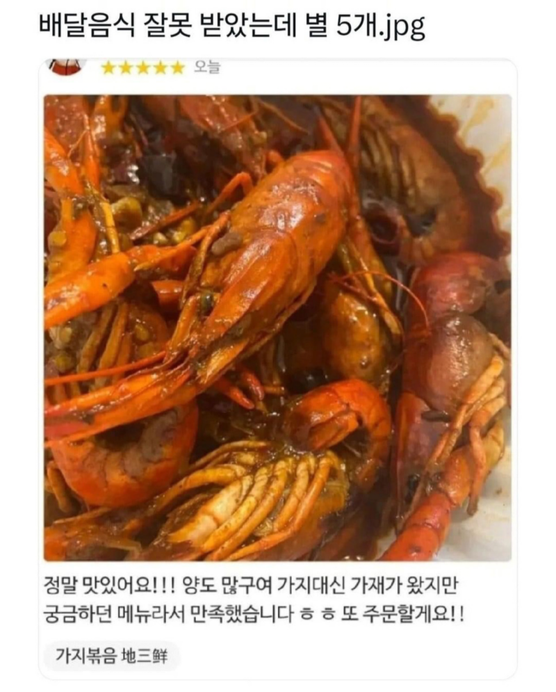 배달음식 잘못 받았는데 별 5개
