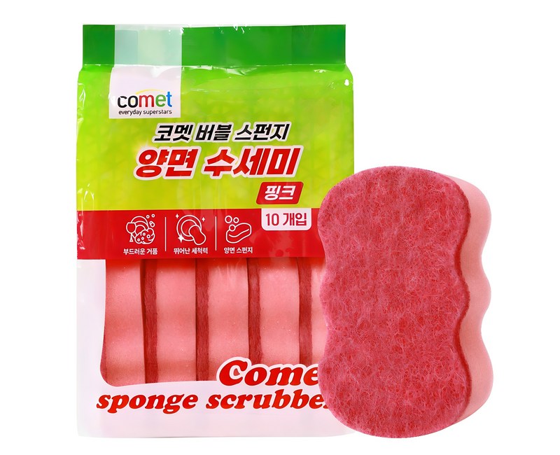 코멧 양면 무흠집 버블 스펀지 수세미 핑크