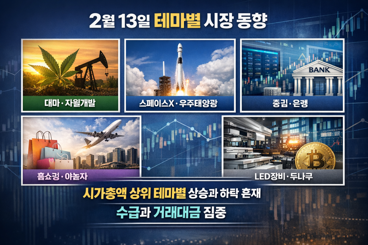 코스피·코스닥 시가총액 상위 테마별 상승 하락 및 거래대금 집중 분석