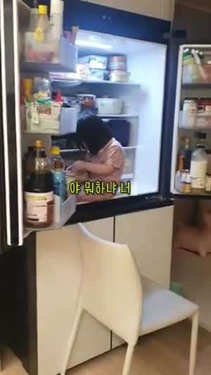 야밤에 몰래 냉장고 문 열고 들어가 콩나물 꺼내먹는 아이