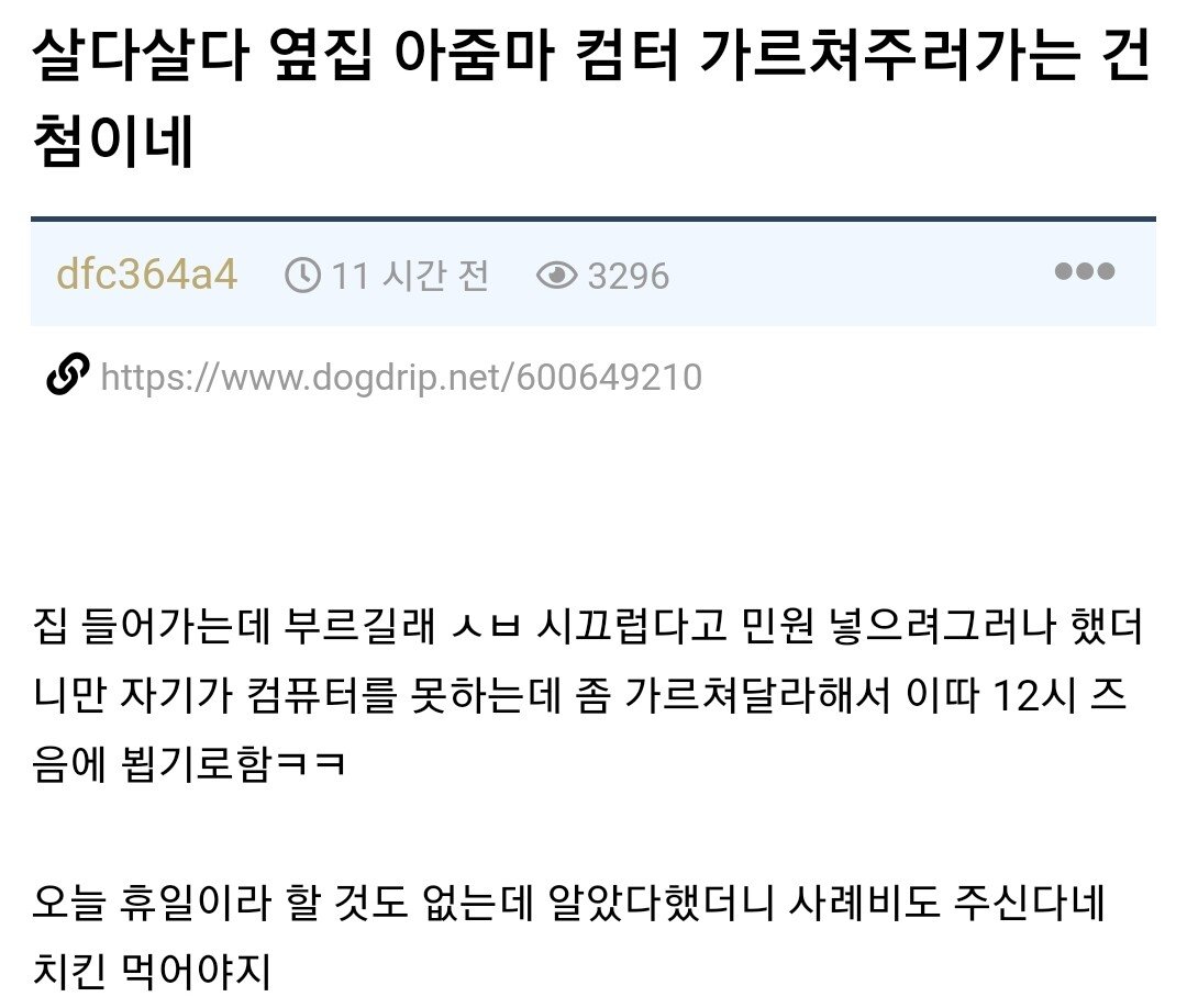 옆집 아줌마 집에 컴퓨터 가르쳐주러간 개붕이..