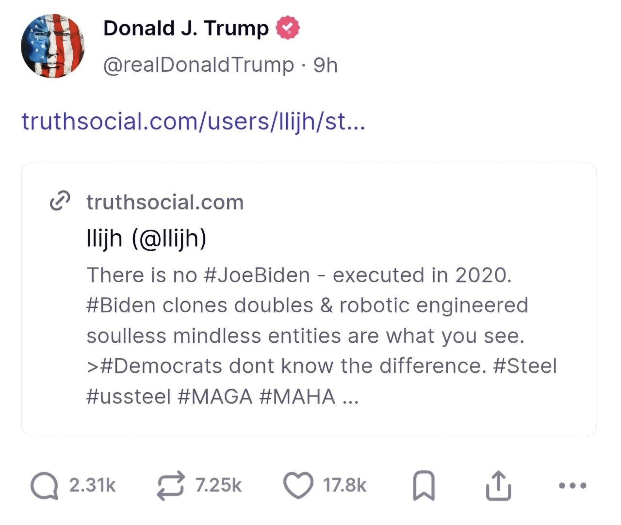 트럼프, "진짜" 바이든은 이미 죽었다 게시물 리포스트