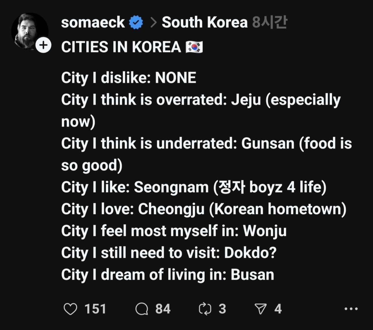 한국에 거주하는 어느 외국인의 한국 도시 평가