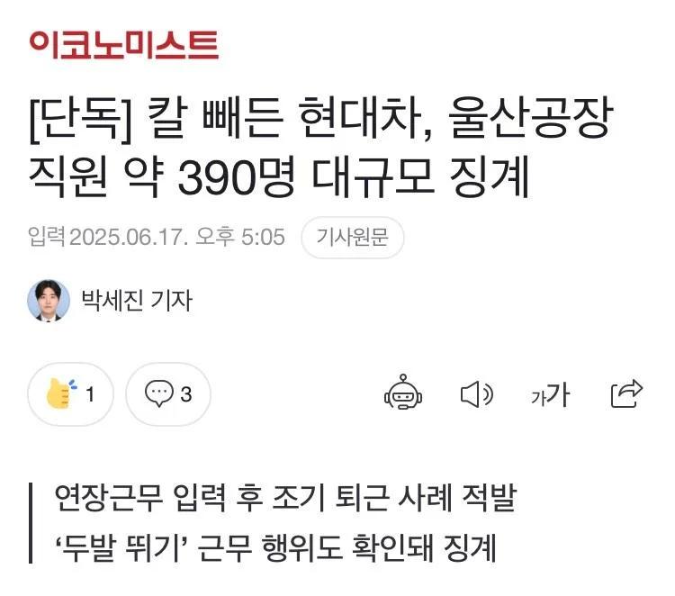 울산 현대차공장 380명 대규모 징계