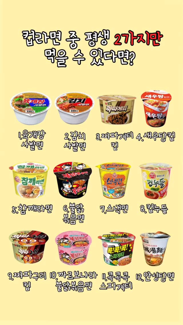 컵라면 평생 2가지만 먹을 수 있다면