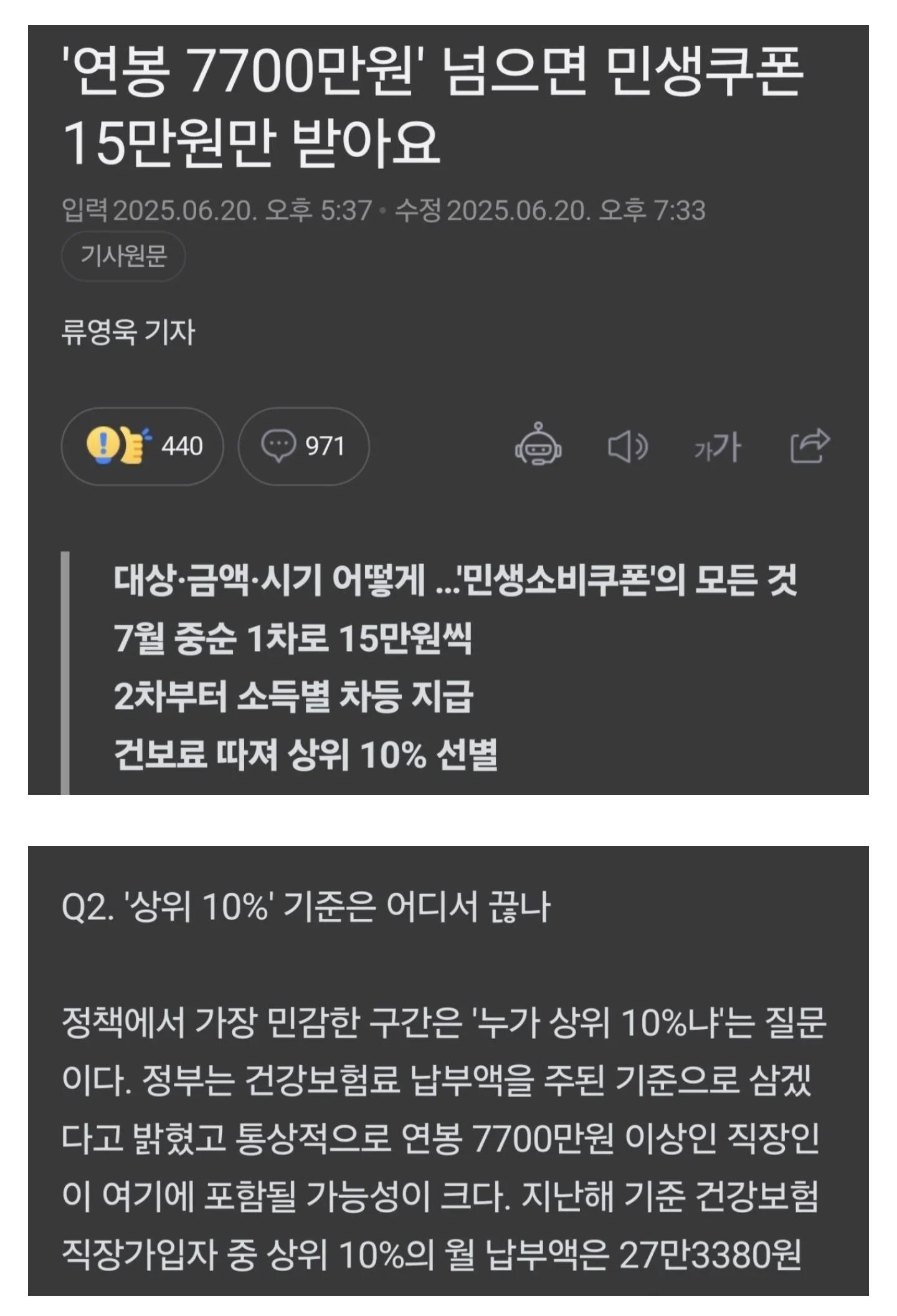 지원금 15만원만 받는 상류층 연봉컷 ㄷㄷㄷ