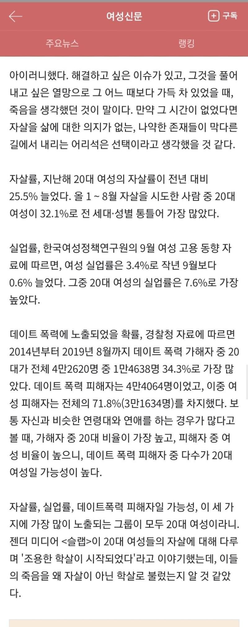 20대 여성 자살률, 이 조용한 '학살'을 멈추려면