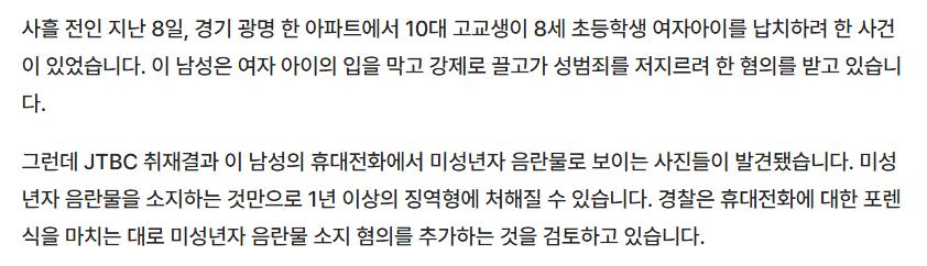 [단독] '광명 여아 납치 시도' 10대 휴대폰에 미성년자 음란물
