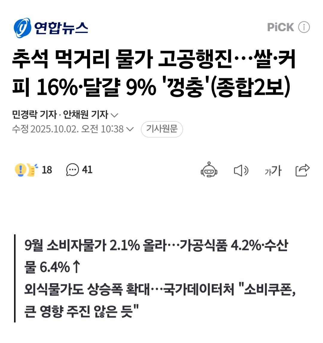 먹거리 물가 고공행진...쌀.커피 16%.달걀9%'껑충'