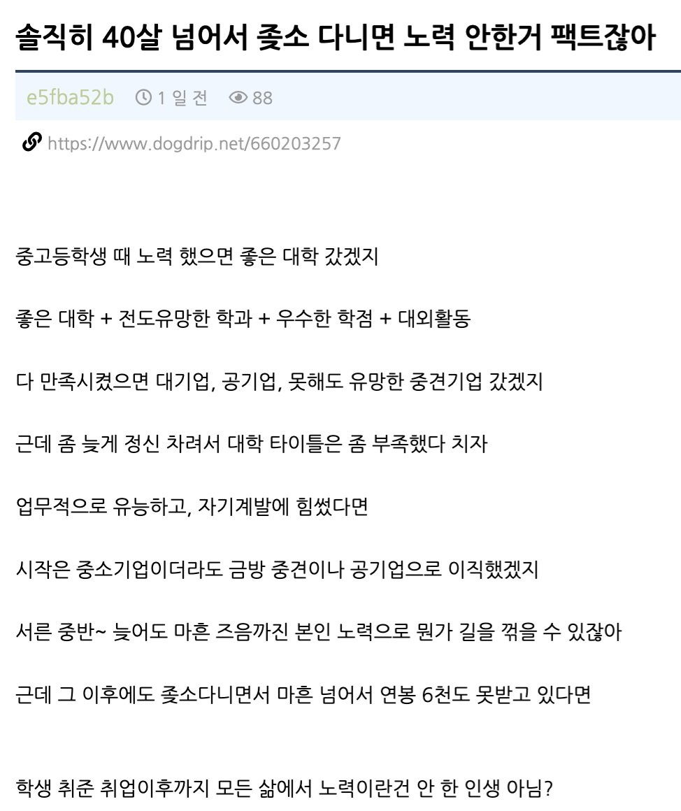 솔직히 40살 넘어서 좆소 다니면 노력 안한거 팩트잖아