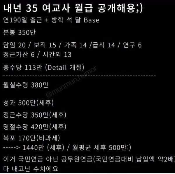 내년 35살 여교사 월급 공개