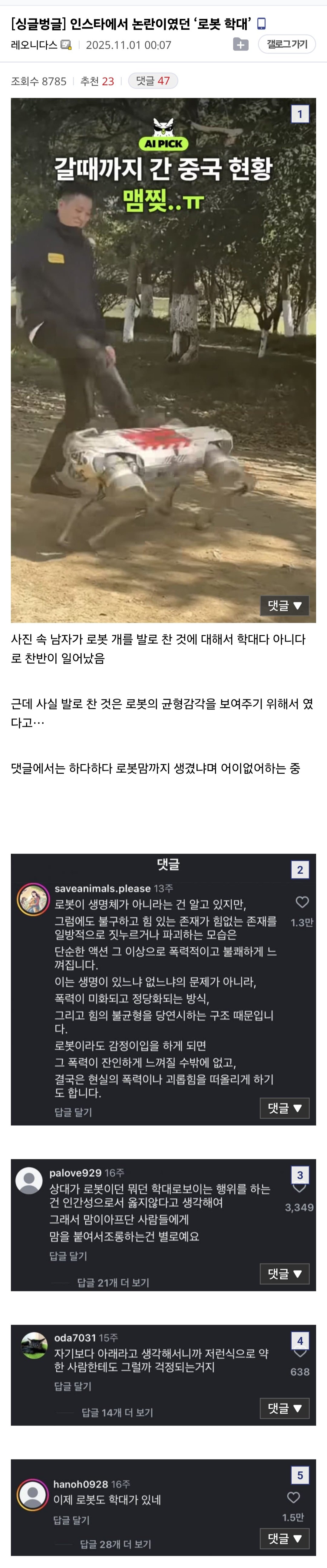 인스타에서 많은 반발을 낳은 '로봇 학대'