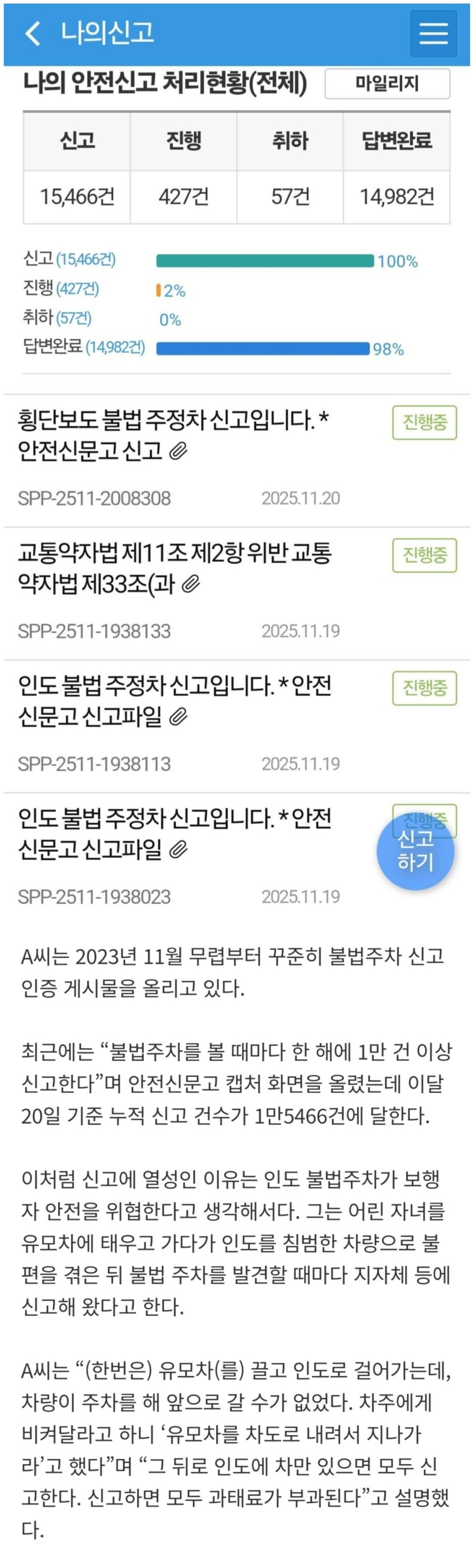 불법주차 15000건 신고한 시민 "유모차 차도로 끌고가라는 말에 신고 결심"