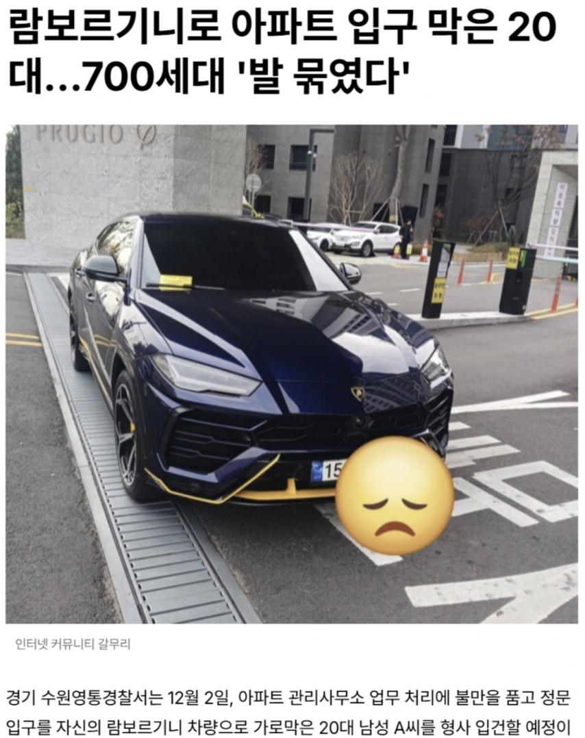 람보르기니로 아파트 입구 막은 20대 남성