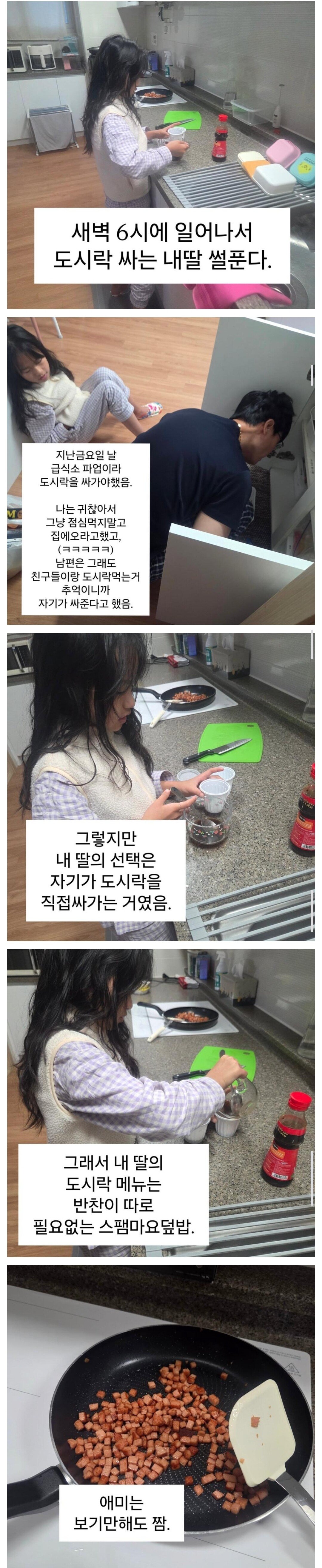 급식 파업으로 새벽에 일어나 도시락 싸가는 딸내미.